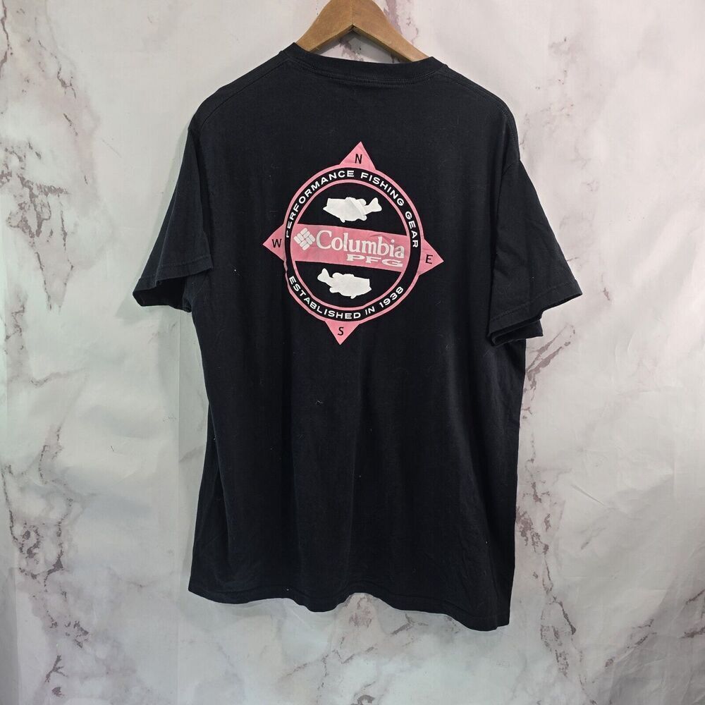 Columbia T Shirt Mens XL Black PFG Fishing Tee Crew Neck Tee Short Sleeve Pink
